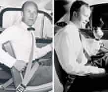 Car seat belt: composite showing inventor Nils Bohlin and promo for rear seat belt