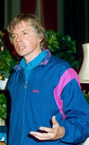 Tracksuits: David Icke wearing a blue and cerise shellsuit in 1991