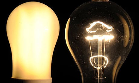 An energy-saving lightbulb and a traditional one.