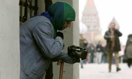Beggar in passage to Moscow's Red Square, Russia