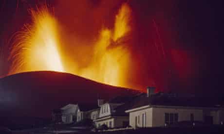 Kirkjufell volcano erupting in Vestmannaeyjar, Heimaey Island, Iceland