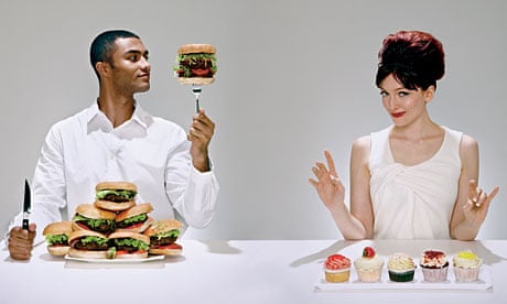 Man with burgers, woman with cupcakes.