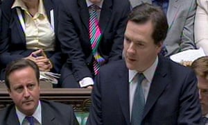 George Osborne delivers comprehensive spending review on 20 October 2010, watched by David Cameron.