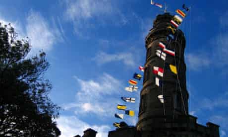 The annual display of flags on the Nelson Monument for Trafalgar Day in Edinburgh