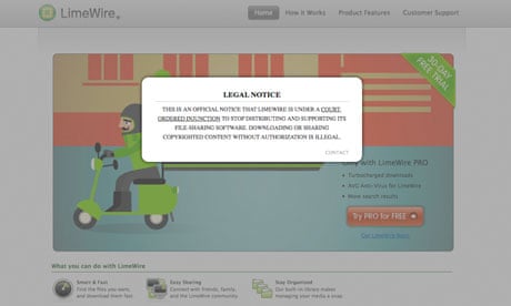 A legal notice on the LimeWire website warns users of an injunction against the filesharing site.