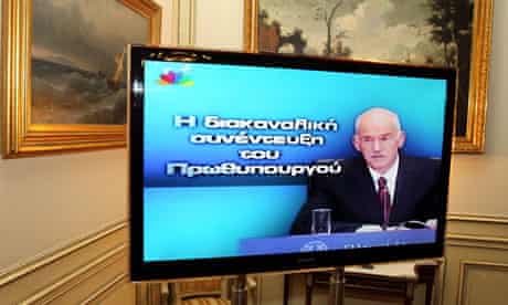 Greek Prime Minister George Papandreou is seen during an all-channel televised interview