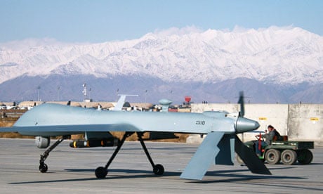 A US Predator unmanned drone sits primed at  Bagram air base, Afghanistan