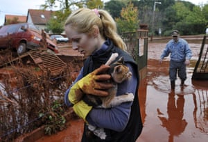 Hungary sludge flood: Tunde Erdelyi saves her cat while Janos Kis walks into the yard