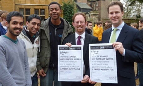 Nick Clegg holds up the pledge he signed in April to vote against any increase in tuition fees