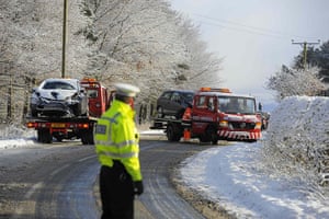Snow: winter Weather: Vehicles are recovered after an accident on the A170 road near Helmsley