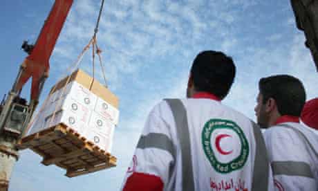 An Iranian Red Crescent shipment being loaded for the Gaza Strip