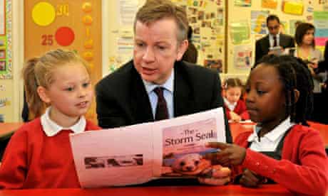 Education secretary Michael Gove reading with primary school pupils in Edmonton, north-east London