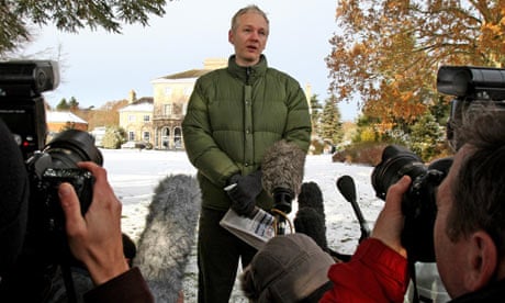 Julian Assange speaks to journalists outside Ellingham Hall