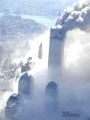 World trade centre: The upper floors of the World Trade Center tower burn 