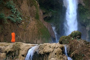 February photo comp: Monk at waterfall, laos