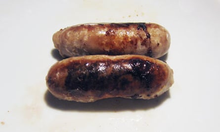 Sausages, poached then fried