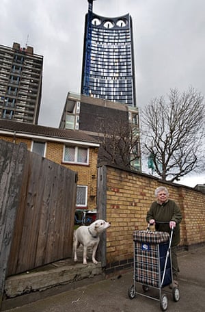 The Strata building: a newly completed tower block in Elephant and Castle, with 3 wind turbines