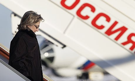 The US secretary of state, Hillary Clinton, arrives in Moscow