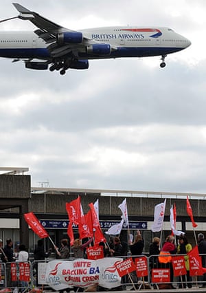 Ba strike 2: A British Airlines aircraft flies over members of the Unite Union