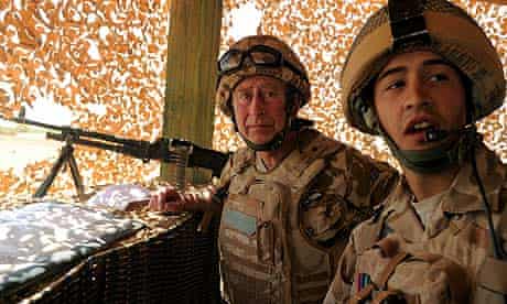 Prince Charles with a British soldier at Camp Pimon, in Nad-e Ali