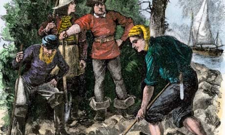 Sailors digging for pirate treasure of Captain Kidd