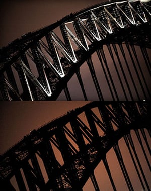 24 Hours in Pictures: Sydney Harbour Bridge, with lights on and lights off as part of Earth Hour