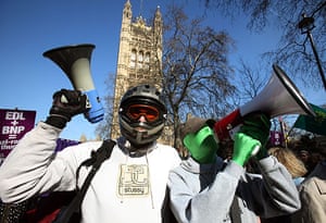 Geert Wilders in London: Two protestors with loudspeakers shout anti-fascist slogans 