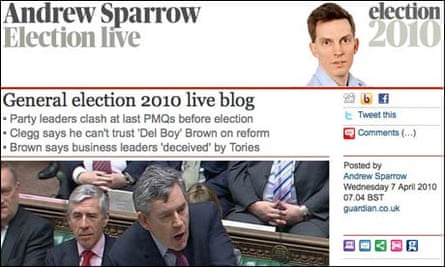 A screenshot of Andrew Sparrow's Election 2010 Live Blog
