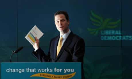 Nick Clegg launches the Liberal Democrat manifesto in London on 14 April 2010.