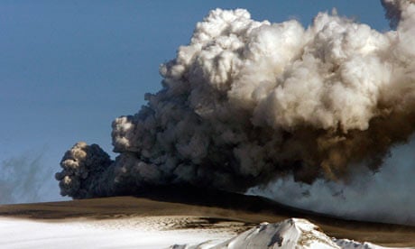 A plume of ash rises from the volcano in southern Iceland