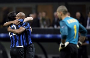 Inter v Barca: Inter Milan's Milito and Maicon celebrate after scoring Milan