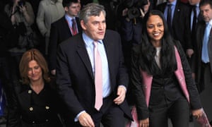 Gordon Brown arriving for a speech in London on 7 April 2010. Also pictured is his wife Sarah (left)