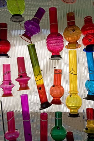 Glastonbury at 40: Coloured glass bongs for sale on stall 