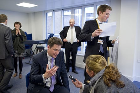 Campaigning with Clegg: Nick Clegg talks to a foreign reporter in Richmond