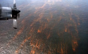 Deepwater Horizon oil rig: Oil spill : Sweet crude oil streaks on the surface of the Gulf of Mexico
