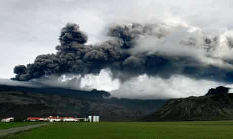 A plume of ash rises from a volcano erupting under the Eyjafjallajokull glacier, Iceland