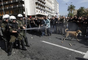 Greek riots dog: 24 February: Police officers spray teargas against protesters in Athens