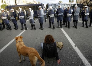 Greek riots dog: 23 December 2008: A protester sits with a dog in front of police officers