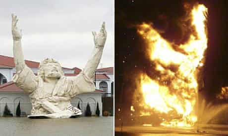 The King of Kings statue at the Solid Rock church in Monroe, Ohio, before and during the fire