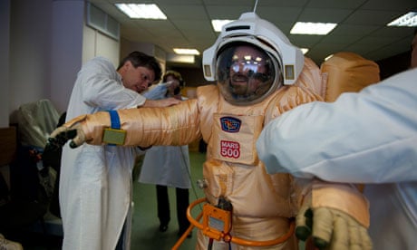 An astronaut trains in a spacesuit for Mars 500.