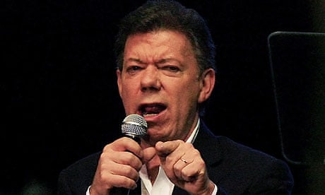 Juan Manuel Santos delivers his victory speech after winning the Colombian presidential election