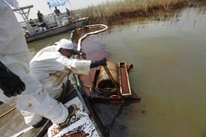 Deepwater Horizon: BP oil spill: A contractor operates an oil skimmer