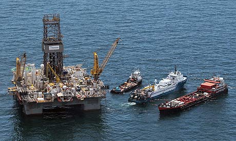 Work boats at the site of the Gulf oil spill