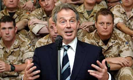 Tony Blair speaks to British soldiers in Iraq in 2007