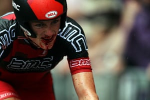 TDF Crashes: Mathias Frank is injured after a crash in the 2010 Tour de France Prologue