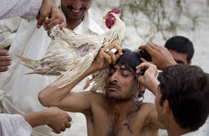 Pakistan floods: Residents help a man untie a chicken from his neck 