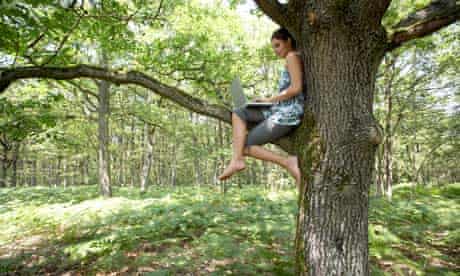 A woman using a laptop computer in a tree.
