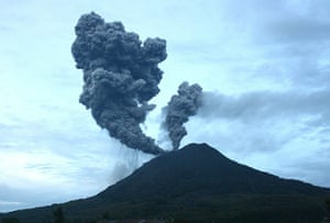 Mount Sinabung volcano: A giant column of volcanic ash spews from the summit