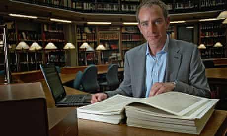 Stephen Baxter with a replica of the Domesday Book at Kings College London
