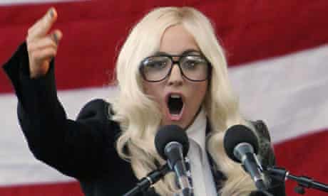 Lady Gaga speaks at a rally in Portland